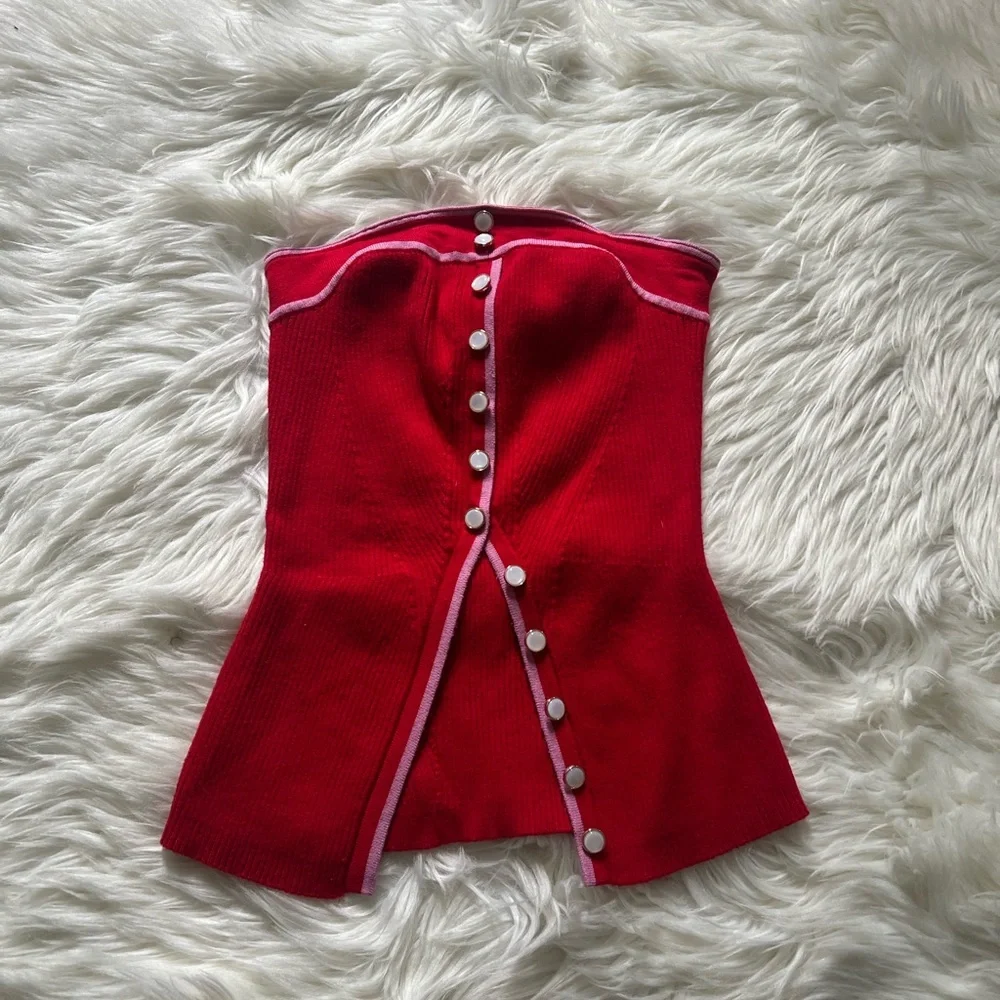 Red strapless ribbed knit top - Picture 1 of 7